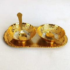 Golden Lotus Bowl Set with Embossed Tray - Kitchenware - Set of 2 Bowls Spoon with Tray