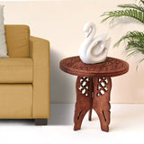 Hand-Carved Wooden Round Table - Premium Quality & Foldable, Side Table