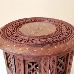 Hand-Carved Wooden Round Table - Premium Sheesham (Indian Rosewood) Wood, Side Table