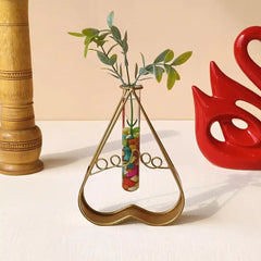 Heart-Shaped Gold Metal Flower Vase with Transparent Glass Tube for Home Decor - Ideal for Living Room, Bedroom, and Office