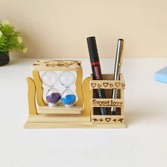 Pen Stand with Two Rotating Hourglass made of Bamboo - Desk Decor