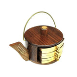 Wooden Coasters Set of 6 with Kettle Design Holder for Tea Coffee Cups, Mugs, Glass Ideal for Home, Kitchen, Office