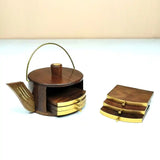 Wooden Coasters Set of 6 with Kettle Design Holder for Tea Coffee Cups, Mugs, Glass Ideal for Home, Kitchen, Office