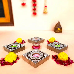 Handmade Square-Shaped Wooden Tea Light Candle Holder | Perfect for Diwali, Rangoli, & Festival Decorations