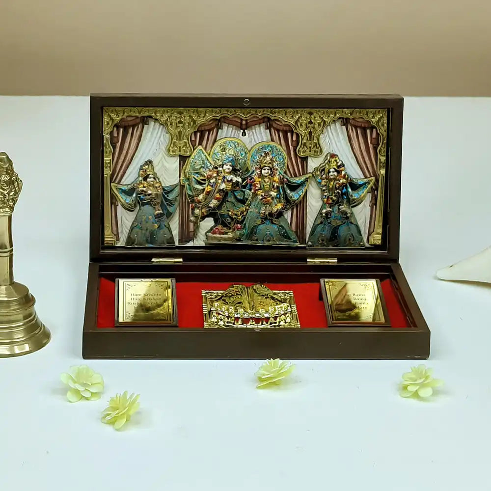 Radha Krishna Wooden Frame with Gold Plated Charan Paduka