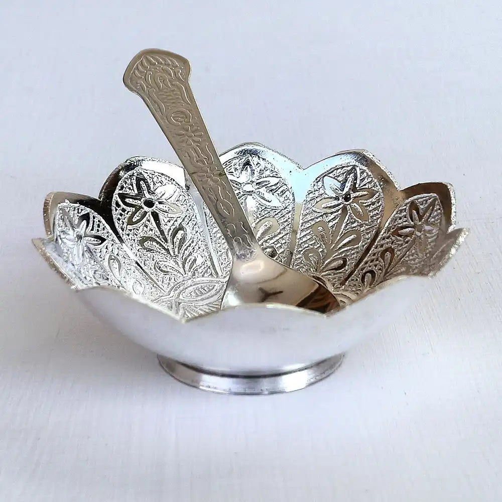 Elegant Silver Lotus Bowl Set with Embossed Tray