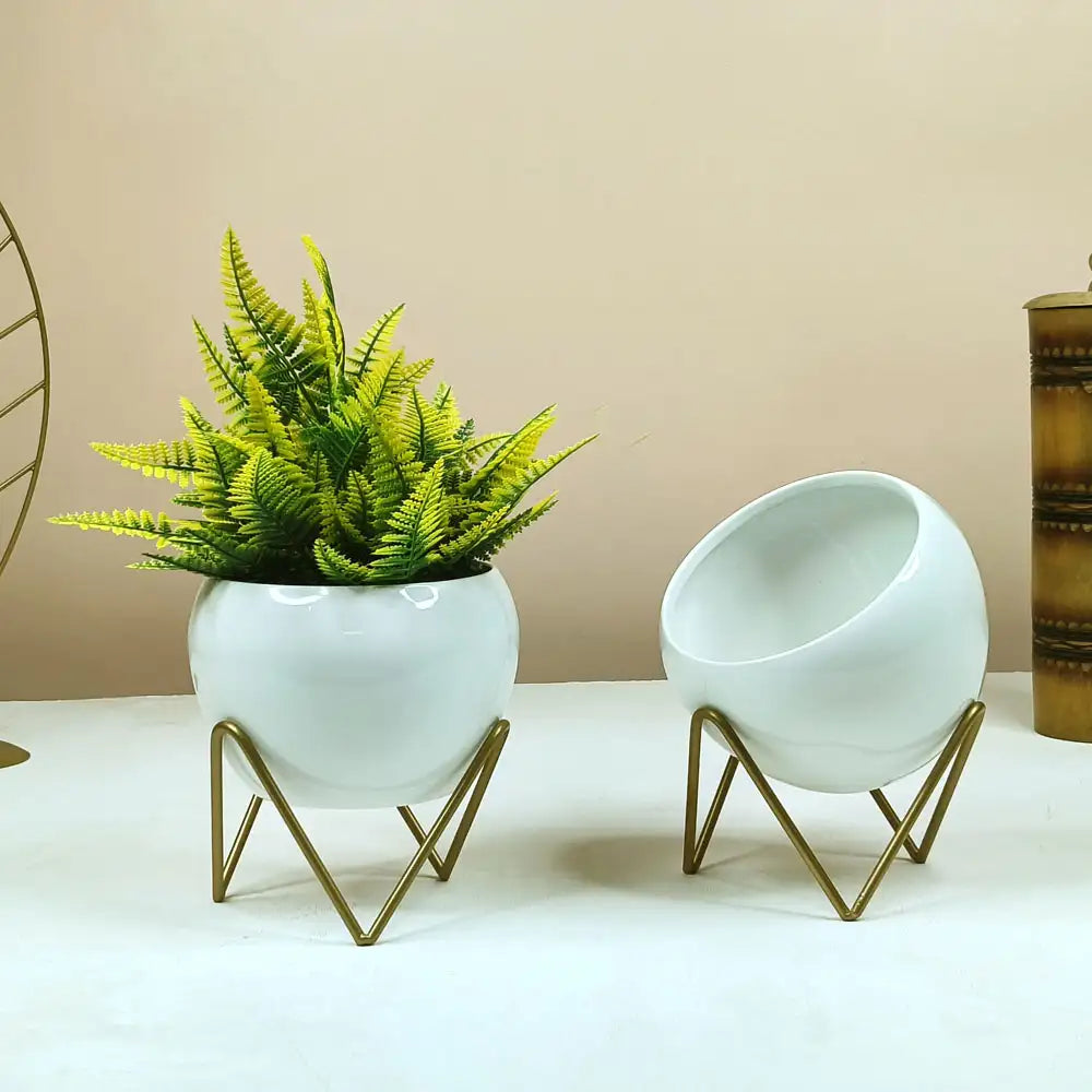 Set of 2 White Metal Pots with Artificial Plants