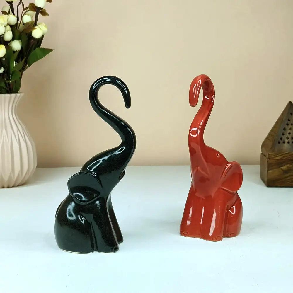 Elephant Figurine Set Piano Finish Ceramic