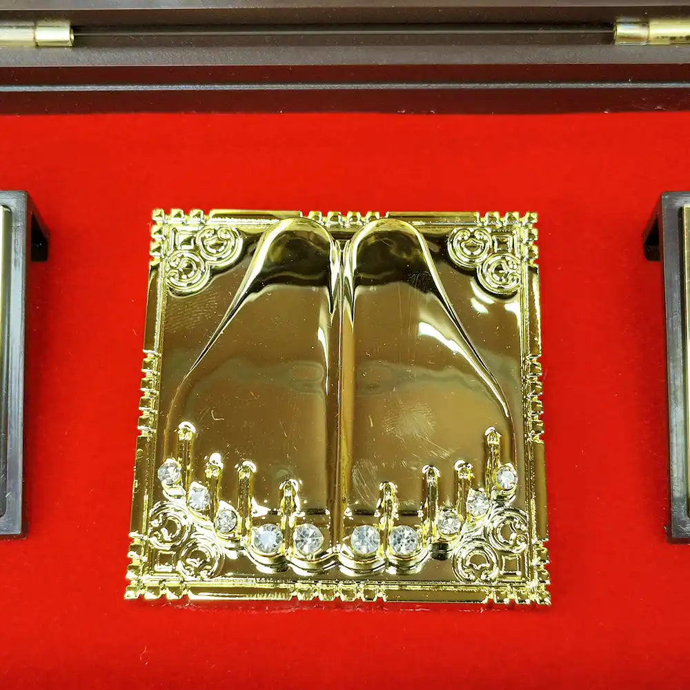 Radha Krishna Wooden Frame with Gold Plated Charan Paduka