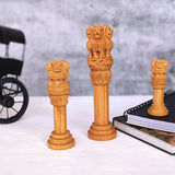 Wooden Ashok Stambh Pillar Statue - Handcrafted Ashoka Stambh Showpiece for Home Decor (Set of 3)