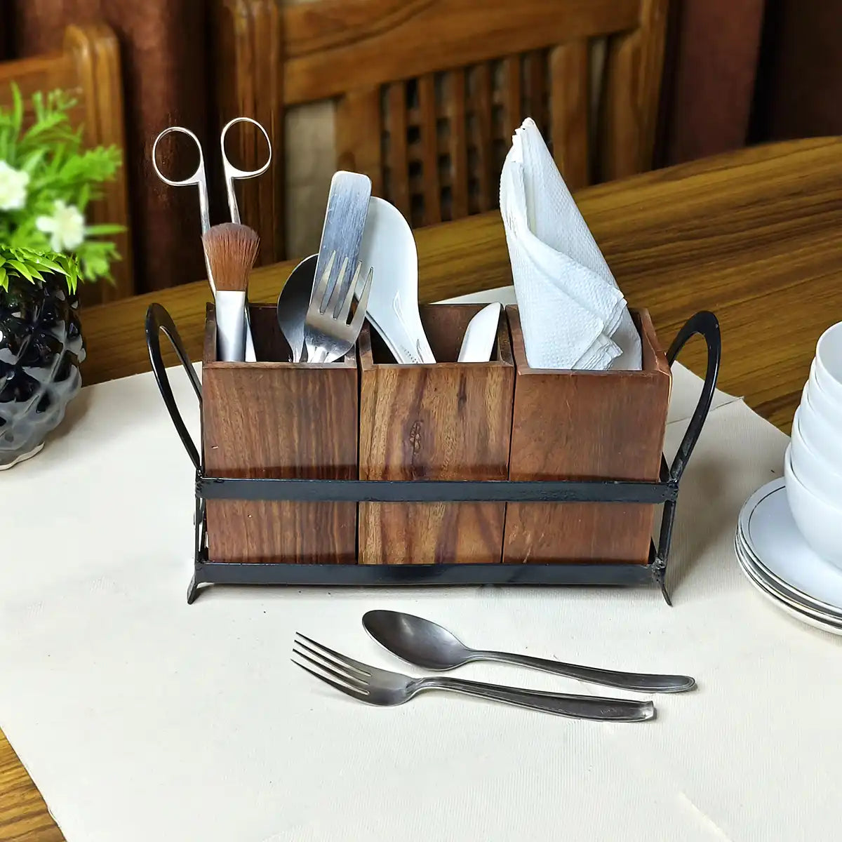 Wooden Cutlery Holder for Dining Table with 3 Wooden Jars and Iron Stand