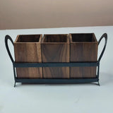 Wooden Cutlery Holder for Dining Table with 3 Wooden Jars and Iron Stand