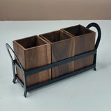 Wooden Cutlery Holder for Dining Table with 3 Wooden Jars and Iron Stand